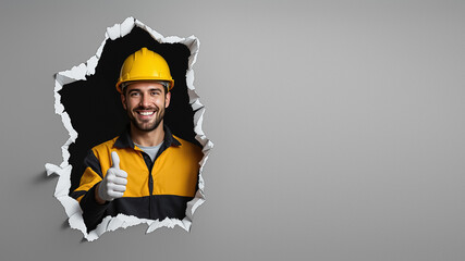 Construction worker with a safety helmet and gloves is giving a thumbs up while looking at the camera. The background features a torn wall revealing dark space