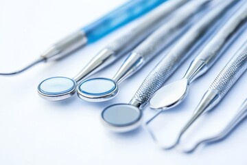 Dental Instruments Arranged on White Surface for Healthcare or Dentistry Concepts