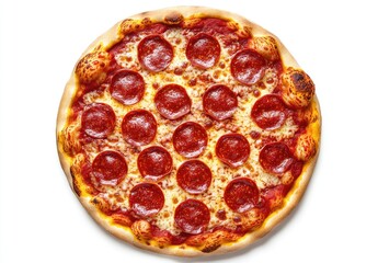Delicious pepperoni pizza, top view, on white background