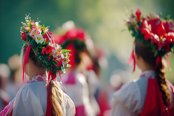 A group of women in traditional attire with floral crowns, celebrating a cultural event. The focus is on their backs, showcasing colorful dresses and vibrant decorations.