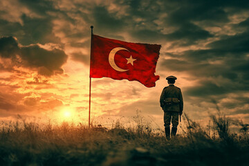 A soldier stands in silhouette against a dramatic sunset, with the Turkish flag prominently displayed. sense of patriotism and historical significance. Gallipoli Memorial Day Turkey