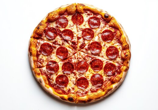 Freshly baked pepperoni pizza on white background