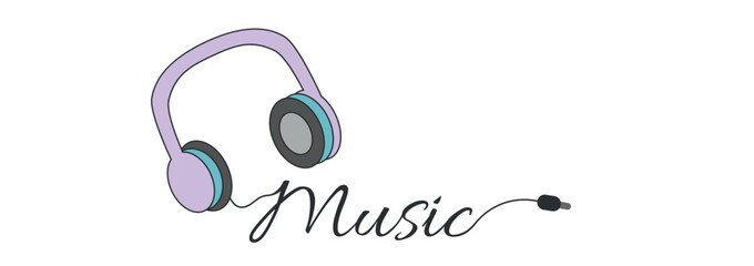 Minimalistic headphone illustration with cable forming the word music on white background. Fashion patch, badge, emblem, sticker, print, t-shirt, cover. 