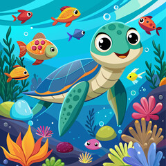 Obraz premium Cartoon Turtle Swimming with Fish in a Vibrant Coral Reef
