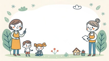 Naklejka premium two teachers with two children are on a grassy area where plants and small houses are drawn 