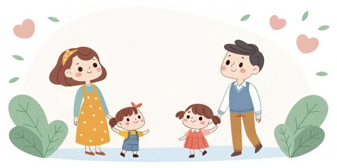 Naklejka premium A loving family of four, illustrated with cute characters, standing together with hearts floating around