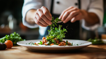 chef garnishing plate of Asian fusion cuisine with fresh herbs