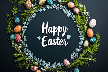 Easter banner, poster, greeting card. Trendy Easter design with typography. Happy Easter. Round frame