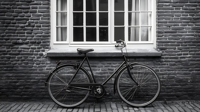 Black bicycle, brick wall, window, cobblestones