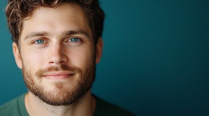 Fototapeta premium smiling man with blue eyes and beard against teal background