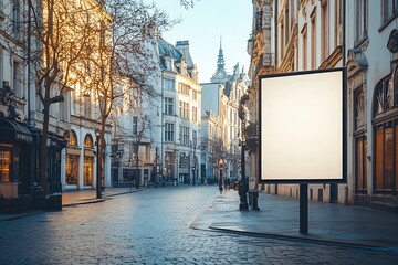 Empty Billboard in a European City Street at Sunrise