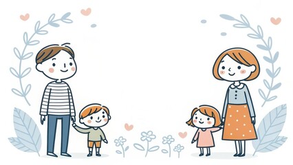 an illustration of a happy family of four. The family is smiling, with their hands together surrounded by floral frame