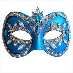 A vibrant blue masquerade mask adorned with sparkling jewels and intricate designs, perfect for costume parties and celebrations.