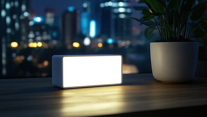 A sleek, modern home hub device with LED lights glowing in the dark room