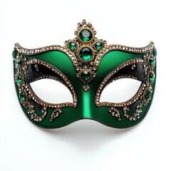 A decorative green masquerade mask adorned with jewels, perfect for events or celebrations, showcasing intricate designs and vibrant colors.