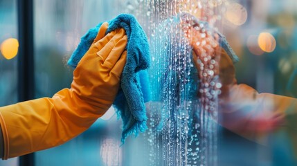 A person in yellow gloves washes a window with a microfiber rag