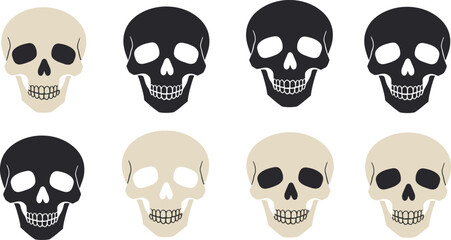 Fototapeta premium Eight stylized skull illustrations in contrasting colors arranged in two rows