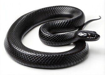 Detailed close-up of a coiled black snake.