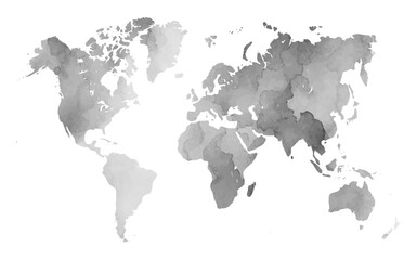 A textured world map showcases a soft watercolor design in shades of gray. The artistic rendering highlights geographical features with a fluid, organic style that enhances any space.