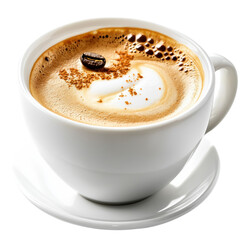 Obraz premium Cup of coffee with heart-shaped foam art on top served on a wooden table in a cozy café setting isolated on transparent background.
