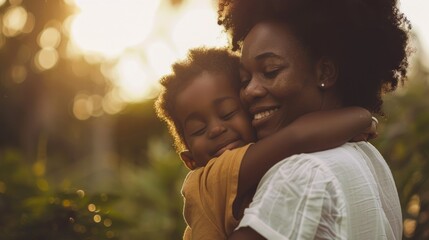 A mother and child are hugging each other 