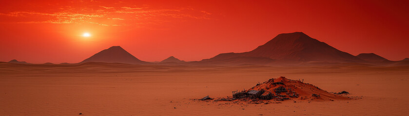 Fototapeta premium Earth demise Doomsday. Desert landscape at sunset with pyramids under a vibrant red sky.