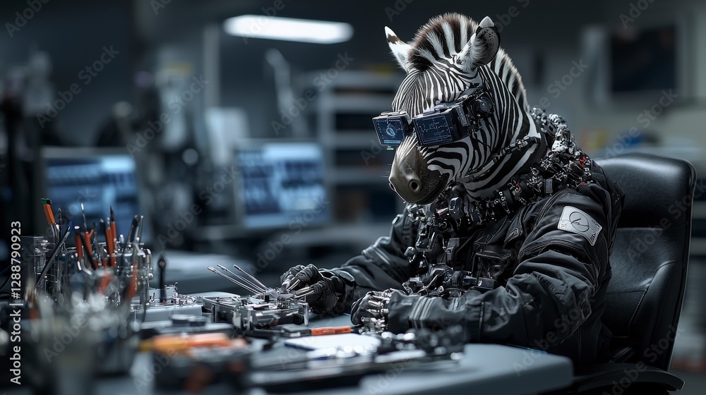 Poster innovative zebra medical device designer showcasing futuristic creations in high-tech lab environmen