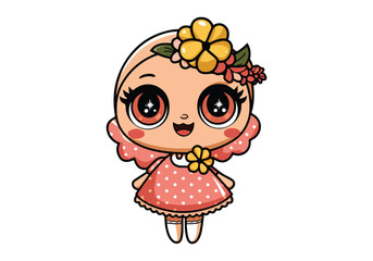 Charming Kawaii Girl Character Vector: Flowers, Dress More