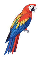 Fototapeta premium Colorful parrot perched on a branch in a tropical environment with green foliage and bright colors isolated on transparent background.