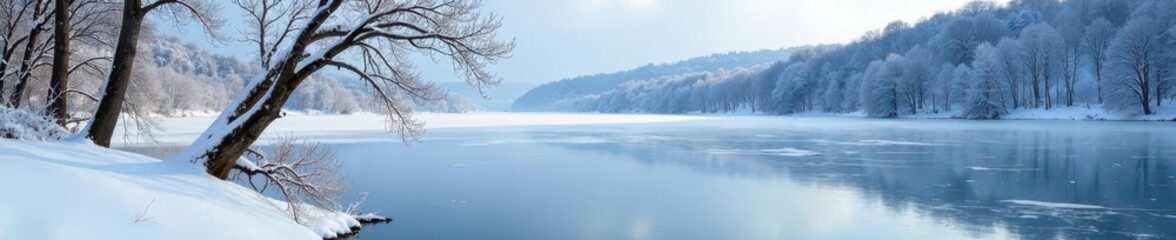 Fototapeta premium Frozen lake, snow-covered branches, bare trees, park scene, serenity, public park