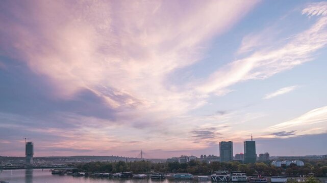 Timelapse video of Belgrade Serbia looking at the newly built river promenade and the new part of the city over the river