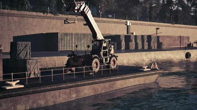 A telehandler operates by lifting cargo containers at a busy waterfront loading dock, surrounded by stacked goods and the calm water reflecting the scene, highlighting industrial activity.