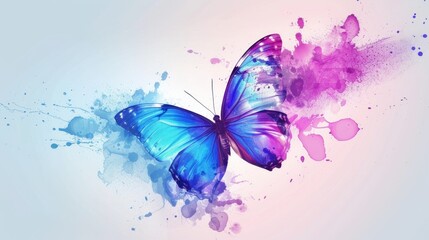 A lilac-blue butterfly flaps its wings on a watercolor background with colorful splashes