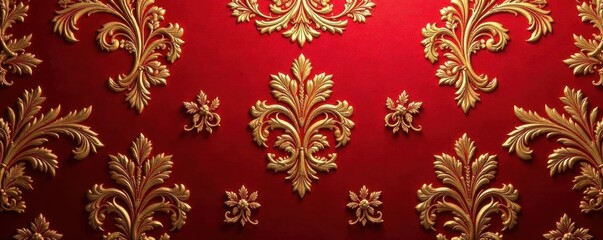 Luxurious ruby red & gold Baroque brocade wallpaper  Intricate detailing, subtly distressed , gilded, wallpaper, sophisticated