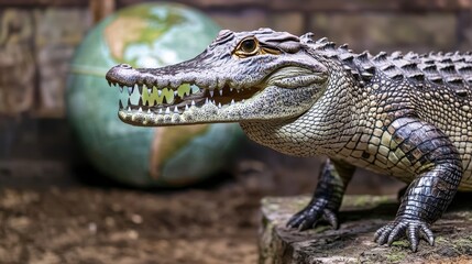 Fototapeta premium Crocodile expert discusses climate change impacts on species at global conservation event nature educational setting