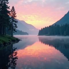 Fototapeta premium Pastel sunrise colors softly illuminate calm lake, mist hangs low, beautiful, gentle