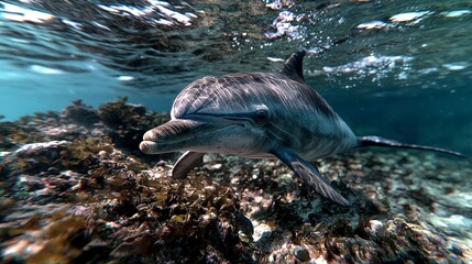 Fototapeta premium Undercover dolphin reporter investigates ocean life coral reefs nature documentary underwater environmental awareness
