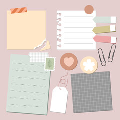 Set of vintage paper notes with sticky tapes, element for decorating journal, notebook or diary. vector, illustration design.