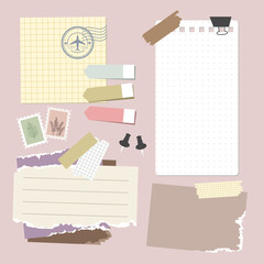 Set of vintage paper notes with sticky tapes, element for decorating journal, notebook or diary. vector, illustration design.