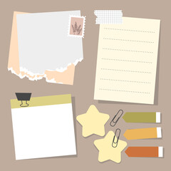 Set of vintage paper notes with sticky tapes, element for decorating journal, notebook or diary. vector, illustration design.