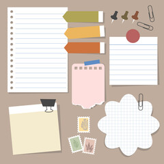 Set of vintage paper notes with sticky tapes, element for decorating journal, notebook or diary. vector, illustration design.