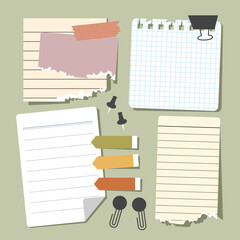 Set of vintage paper notes with sticky tapes, element for decorating journal, notebook or diary. vector, illustration design.