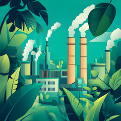 Industrial landscape in a tropical setting with smokestacks amid lush green vegetation