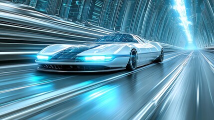 Obraz premium Futuristic car speeding through a futuristic neon lit tunnel