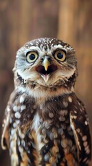 Fototapeta premium A very surprised great horned owl with wide open eyes and mouth 