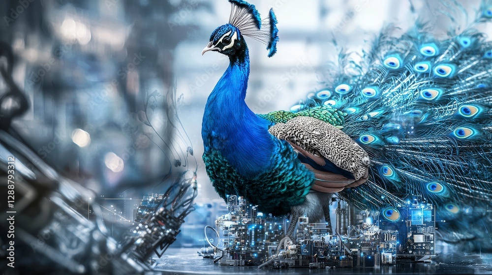 Poster Engineering a peacock in a futuristic lab crafting innovative technology with elegance and precision