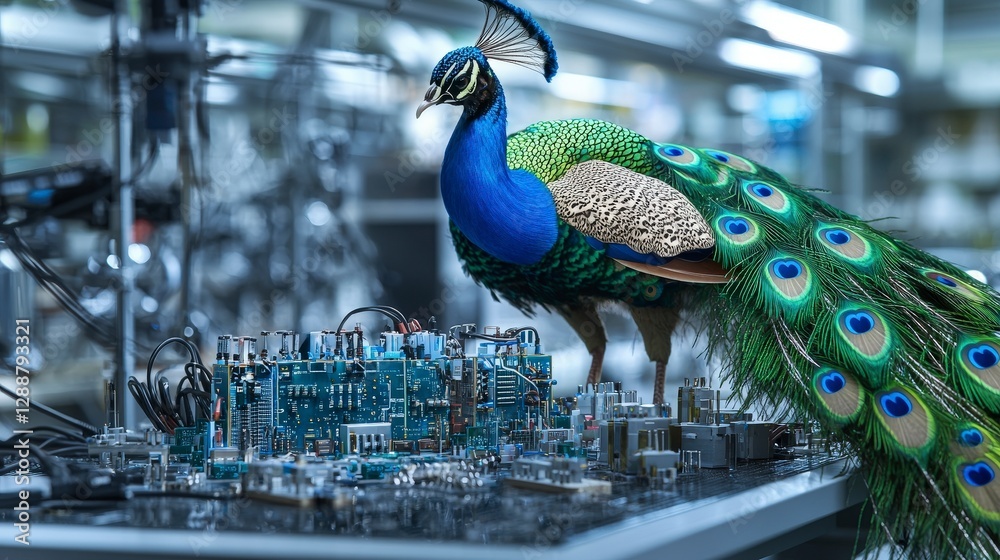 Poster innovative peacock engineer constructs circuit boards in high-tech lab nature meets technology creat