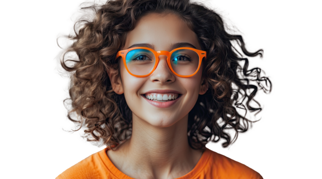 Smiling Gen Z Girl with Curly Hair and Orange Glasses – Cheerful Student Portrait on Transparent Background