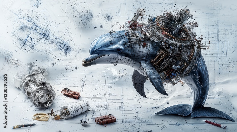 Aufkleber Innovative dolphin engineer unveils prototype design in a futuristic workshop setting