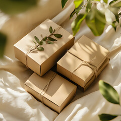 Thoughtfully wrapped gift boxes with natural decor on a soft surface surrounded by greenery